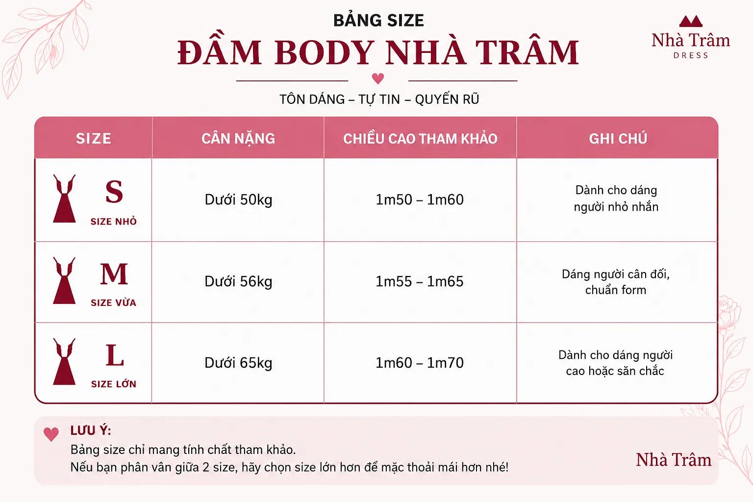 Bảng size đầm Nhà Trâm